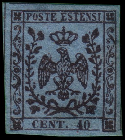 MODENA 1852
40c. celeste, senza punto dopo le cifre
Il raro esemplare presenta