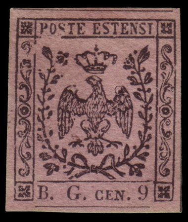 MODENA 1853
Segnatasse giornali. 9c. violetto lillaceo "B.G." grande

Provenien