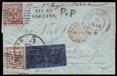 MODENA 1856 (18 mar.)
Lettera con testo, da Carrara a Filadelfia (Stati Uniti)