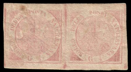 NAPOLI 1858
½gr. rosa lillaceo, coppia orizzontale della quale il secondo esemp