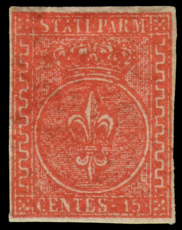 PARMA 1853
15c. vermiglio

Provenienza
Collezione "Nimue"


Cert. S. Sorani, G.