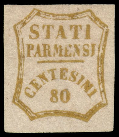 PARMA 1859
Governo Provvisorio.
Varietà. 80c. bistro oliva, "zero grasso" pos.
