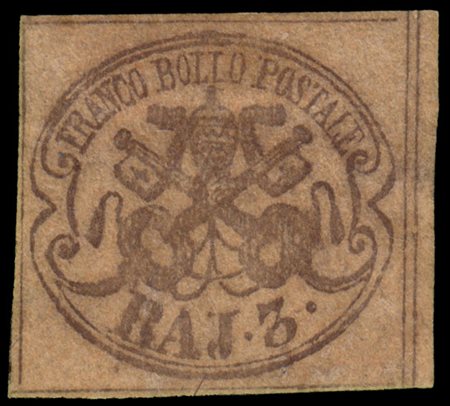 STATO PONTIFICIO 1854
3b. bruno grigiastro chiaro (Sass. 4a) con stampa grigia