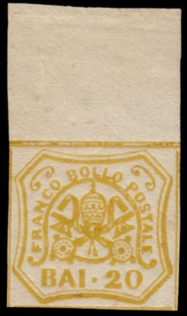 STATO PONTIFICIO 1858
20b. giallo, non emesso, bordo di foglio superiore

Il mi
