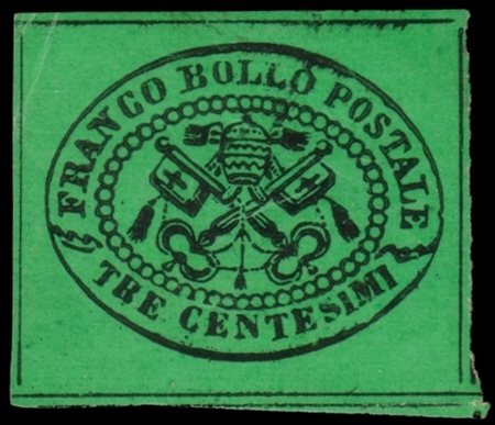 STATO PONTIFICIO 1867
3c. verde, non emesso

Francobollo perfetto e di grandiss