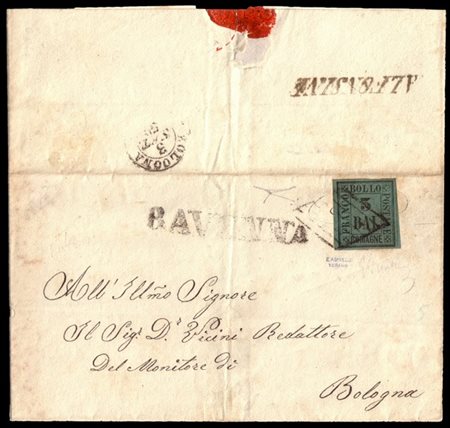 ROMAGNE 1859 (1 set.)
Lettera senza testo, da Alfonsine per Bologna (3.9), affr