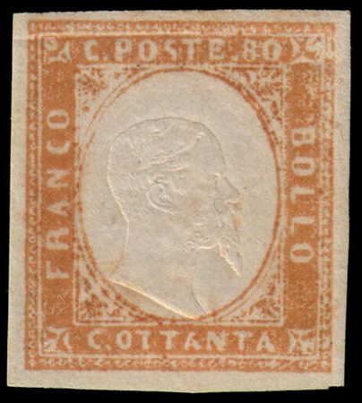 SARDEGNA 1858
80c. bistro arancio scuro

Provenienza
Collezione "Nimue"


Cert.