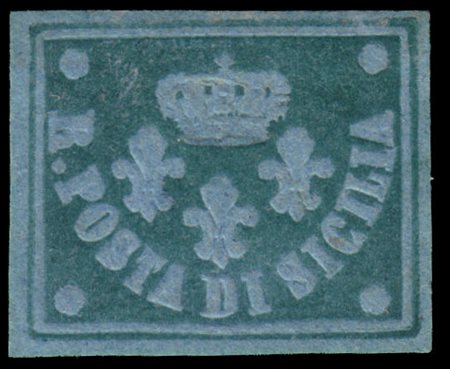 SICILIA 1858
Saggi Giuseppe Barone.
Verde su carta azzurra

Combinazione colore