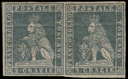 TOSCANA 1851
I emissione. 2cr. verde azzurro su grigio, coppia orizzontale
Sple