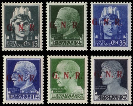 R.S.I. 1943
Tiratura di Brescia
"Imperiale". Serie completa di 6 valori con sop