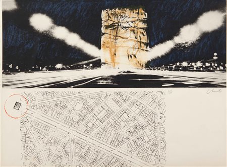 CHRISTO Arco di trionfo ,Champs Elisée 1961 litografia cm 48 x 66 esemplare...