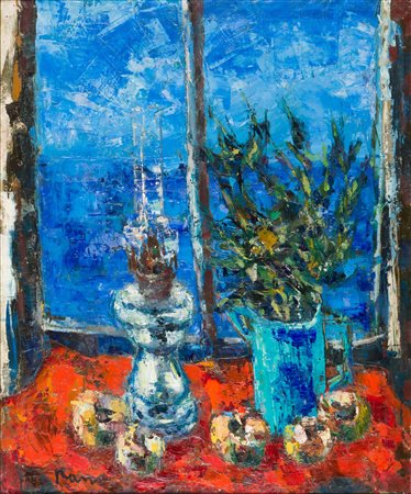 GUIDO BASSO Lume a petrolio 1977 olio su tela 80x65 cm firmato in basso a...