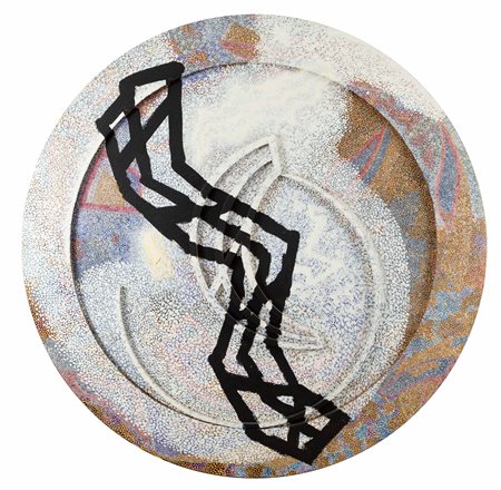 PLINIO MESCIULAM Luna corrusca olio su tavola e legno sagomato, diametro cm...