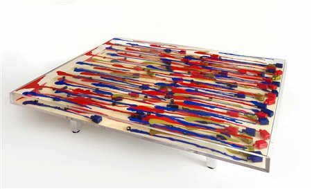 FERNANDEZ ARMAN Tavolo plexiglas, inclusione diflaconi di vernice e smalto cm...