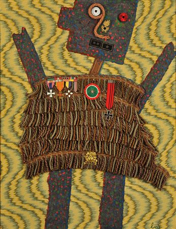 ENRICO BAJ What a nice day! olio, stoffa, passamaneria e medaglie su tela cm...