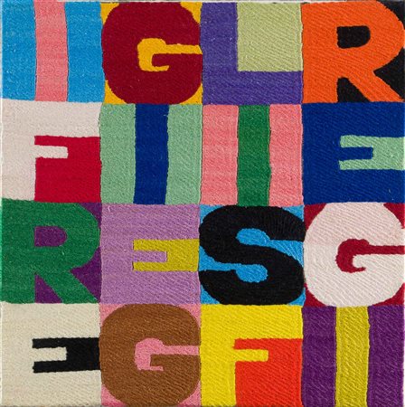 ALIGHIERO BOETTI I fregi e gli sfregi 1989 ricamo su tessuto cm 22,3 x 22...
