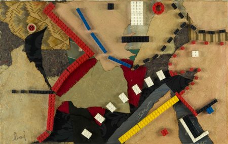 ENRICO BAJ Lego 1963 mattoncini lego su tessuto su tela cm 38 x 61 firmato in...