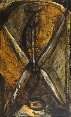 BRUNO CECCOBELLI Arcangelo defilato 1984 olio, catrame e cenere su tela cm...