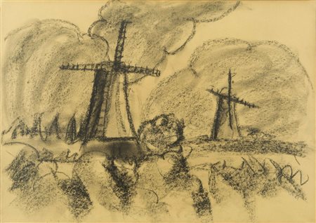 SALVO Mulini a vento 1989 carboncinio su carta intelata cm 35 x 50 autentica...