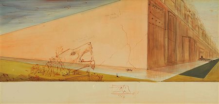 SALVADOR DALI' Le mura di Babilonia 1954 gouache e inchiostro rosso su carta...