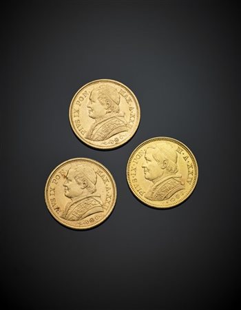 STATO PONTIFICIO
Pio IX (1846-1870)
3 pezzi da 20 lire di varie date, oro. Zecc