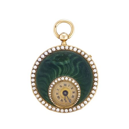 ANONIMO
Orologio da tasca in oro 18K rifinito con smalto guilloché verde e perl