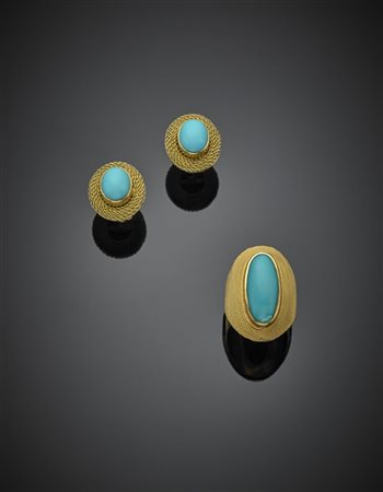 Lotto in oro giallo e neoliti composto da anello e orecchini, anello misura 12.