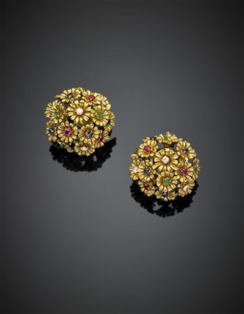 Orecchini a lobo in oro giallo e bianco con fiori girevoli rifiniti con diamant