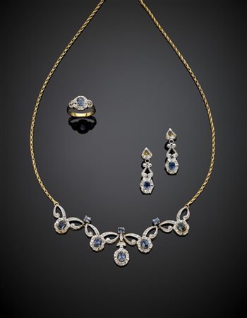 Demi parure in oro giallo, bianco, corindoni azzurri e diamanti, composta da co