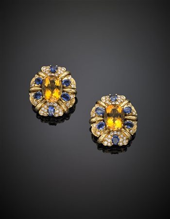 Orecchini in oro giallo con quarzi citrini, zaffiri e diamanti, g 41 circa, lun