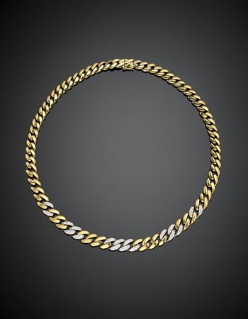 Collier in oro giallo e bianco a maglia groumette a scalare rifinito con diaman
