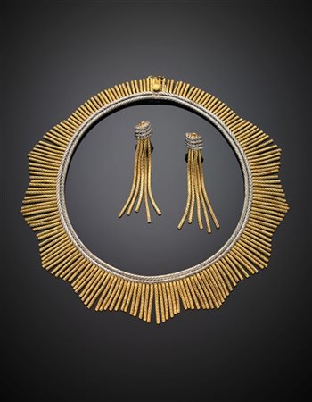 Demi-parure in oro giallo e bianco in parte satinato, composta da collier di cm