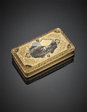 Snuffbox in oro giallo cesellato con smalti bianchi e blu