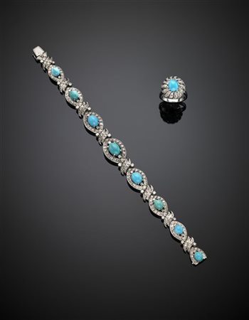 Demi-parure in oro bianco con turchesi e diamanti composta da bracciale modular