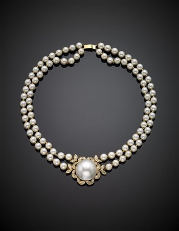 CUSI
Collana a due fili di perle coltivate con distanziatori e chiusura in oro