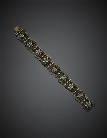 Bracciale modulare in oro giallo e argento rifinito con smeraldi rettangolari p