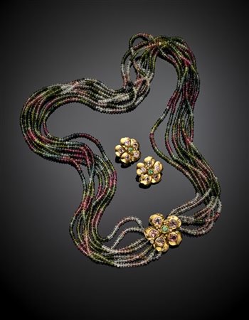 Demi parure in oro giallo, diamanti, tormaline e pietre sintetiche composta da