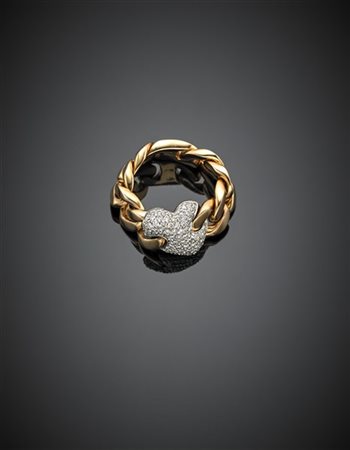 Anello in oro rosa e bianco a maglia groumette con pavè di diamanti per comples