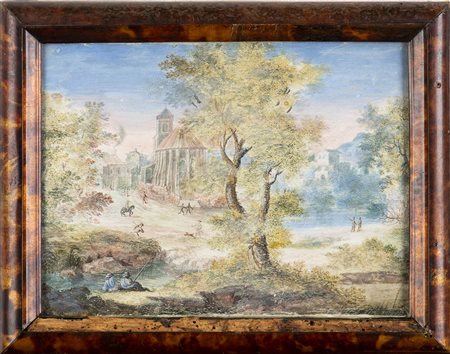 Veduta di fantasia con abside di chiesa e figure - Veduta di fantasia con mulino e figure, Coppia di dipinti