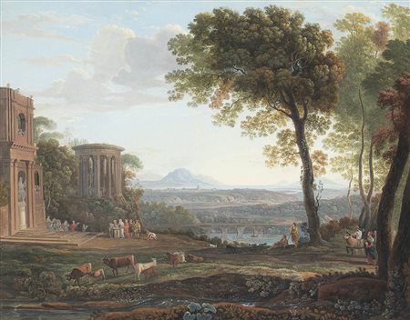 Paesaggio di fantasia con figure, armenti e monumenti classici