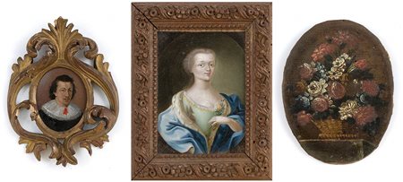 a) Ritratto di gentiluomo con baffi e pizzo - b) Natura morta di fiori - c) Ritratto di gentildonna con fiore - Lotto composto da tre miniature ovali