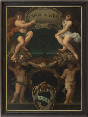 Immagine araldica, con motto "Labor est vita" e arme gentilizia con tre gigli e tre cipressi su campo nero