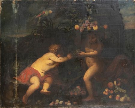 Gioco di putti in un paesaggio con pappagallo e natura morta di frutta