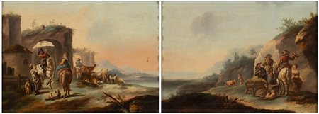 Cavaliere e contadini - Pastori e coppia di cavalieri in sosta presso rovine, Coppia di dipinti