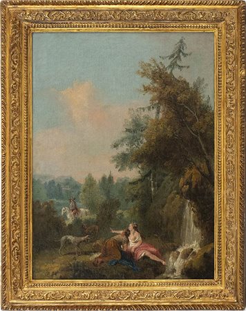 Paesaggio con cascatella, due lavandaie e un cavaliere sullo sfondo