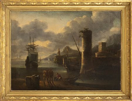 Veduta di porto mediterraneo con imbarcazioni, torre cilindrica e figure