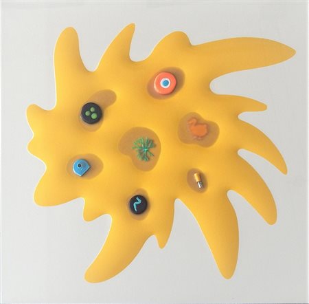 Renzo Nucara BANG resine, oggetti, colore serigrafico, carta, legno, cm 50x50...