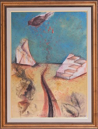 Antonio Masini RAGAZZO PER LA CITTA' FANTASMA olio su tavola, cm 70,5x50,5...