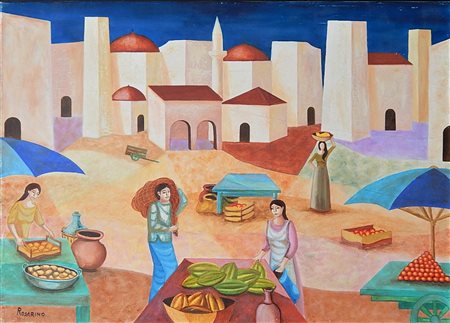 Ignoto MERCATO AD HAMAMET olio su tela, cm 50x70 firma eseguito nel 2001