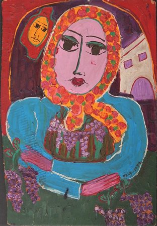 Candida Bissoni VENDEMMIA olio su tavola, cm 41,5x27 firma eseguito nel 1991